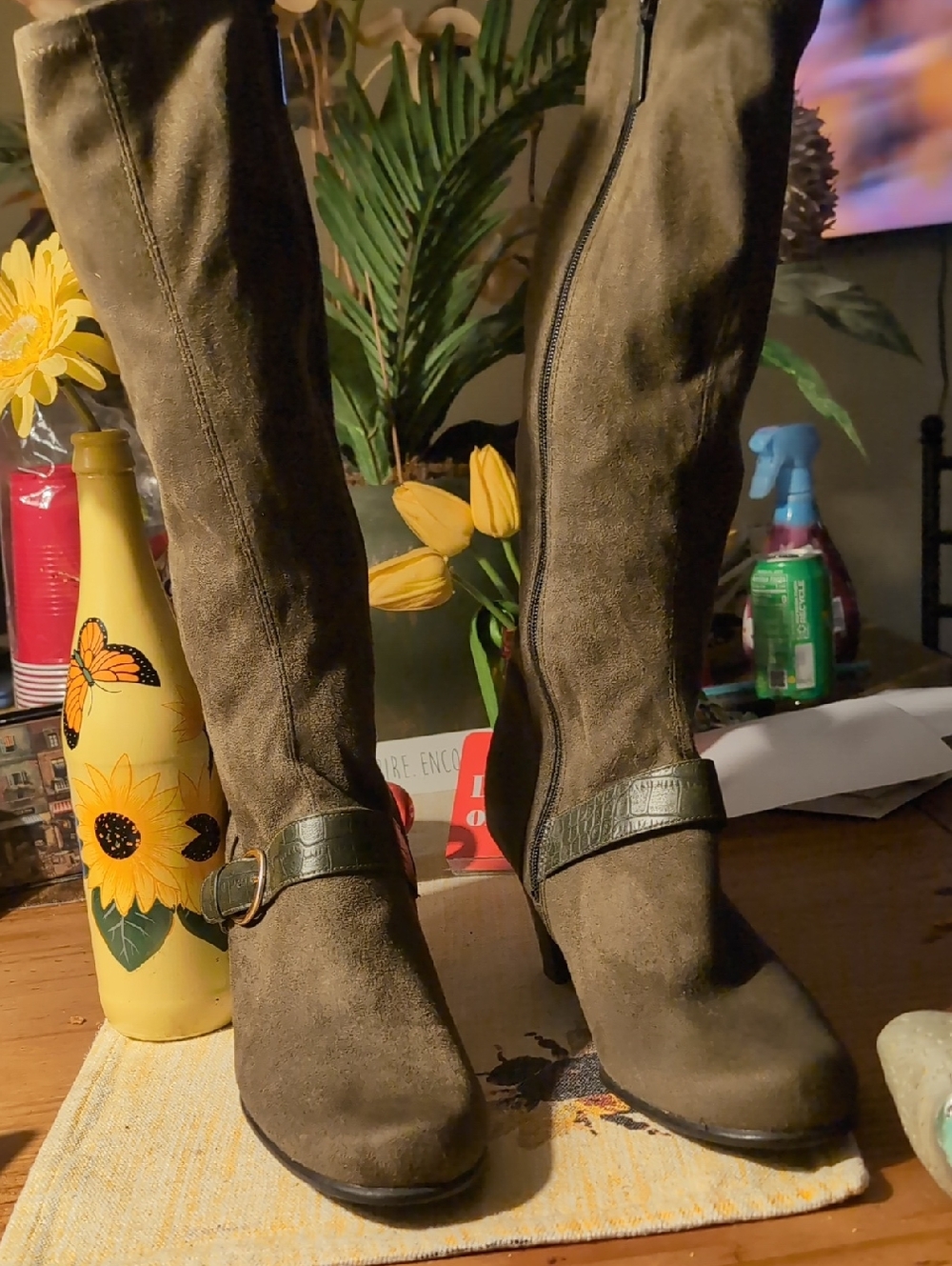 Predictions Olive Suede Knee-High Heeled Boots with Buckle